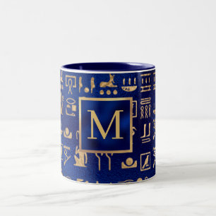 Gold Egyptian Hieroglyphics on Blue Intial Two-Tone Coffee Mug