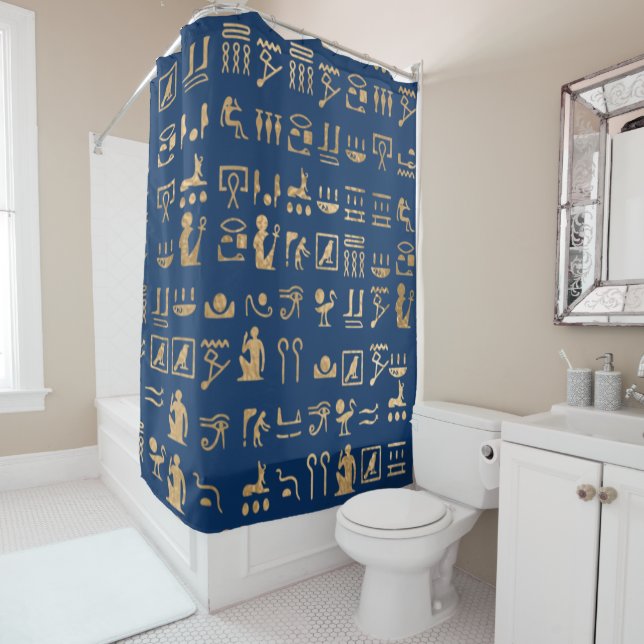 Gold Egyptian Hieroglyphics on Blue Shower Curtain (In Situ)
