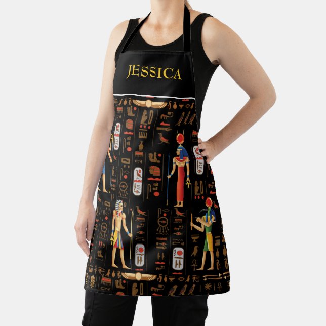 Gold Egyptian hieroglyphs and deities on black  Apron (Insitu)