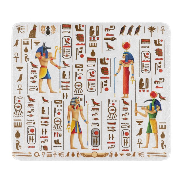 Gold Egyptian hieroglyphs and deities on black  Cutting Board (Front)