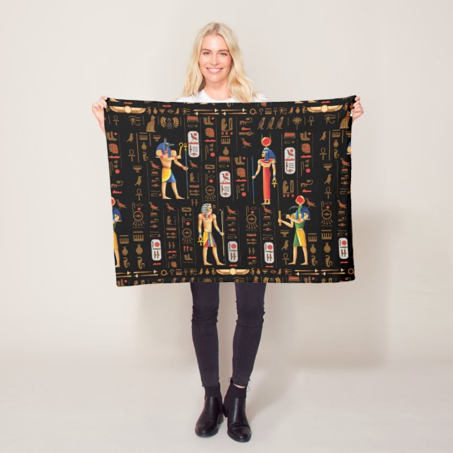 Gold Egyptian hieroglyphs and deities on black   Fleece Blanket (In Situ)