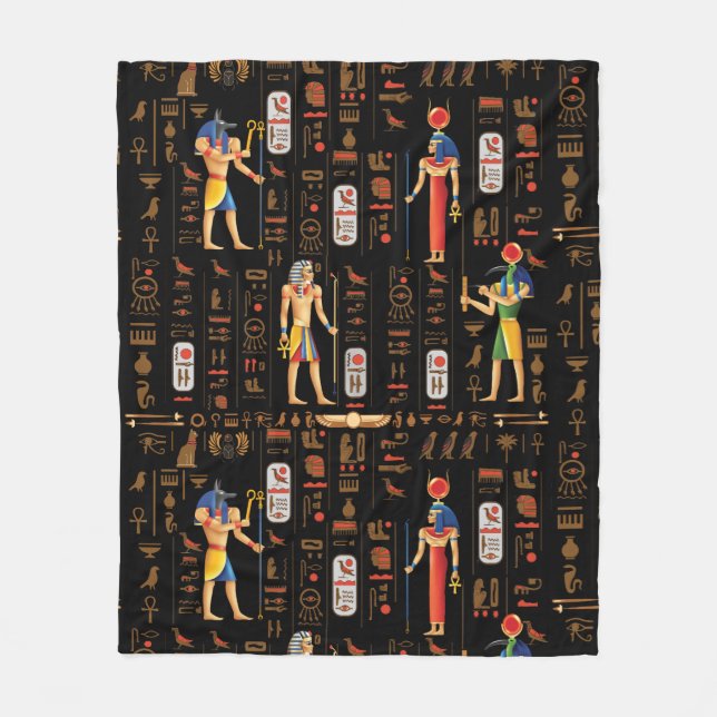 Gold Egyptian hieroglyphs and deities on black  Fleece Blanket (Front)