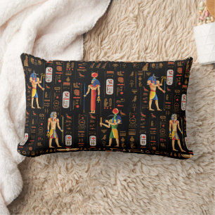 Gold Egyptian hieroglyphs and deities on black  Lumbar Cushion