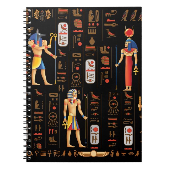 Gold Egyptian hieroglyphs and deities on black  Notebook (Front)