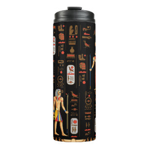 Gold Egyptian hieroglyphs and deities on black Thermal Tumbler