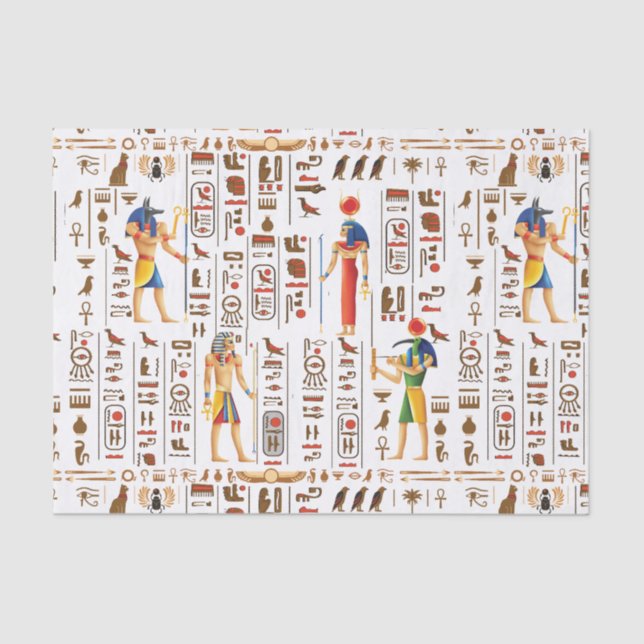 Gold Egyptian hieroglyphs and deities on black  Tissue Paper (Front)