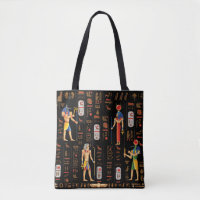 Gold Egyptian hieroglyphs and deities on black