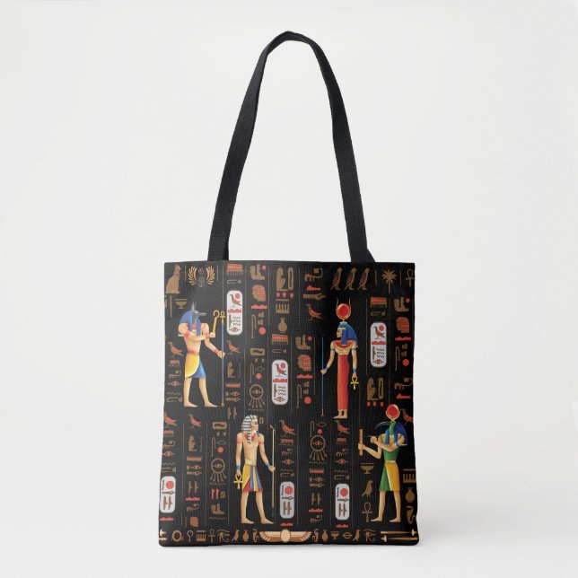Gold Egyptian hieroglyphs and deities on black Tote Bag (Front)