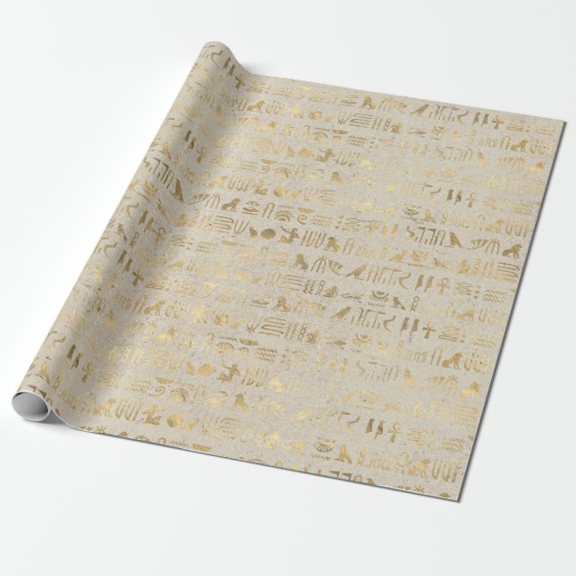 Gold Egyptian Hieroglyphs on Ivory Wrapping Paper (Unrolled)