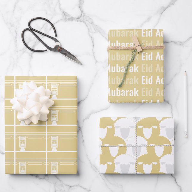 Gold Eid Adha Mubarak Kaaba Sheep Pattern Wrapping Paper Sheet (Front)