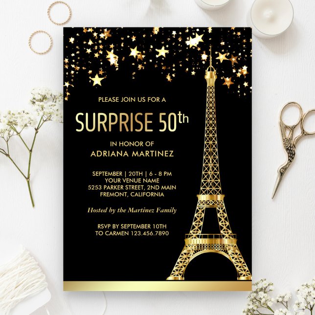 Gold Eiffel Tower Black Surprise 50th Birthday Invitation (Creator Uploaded)