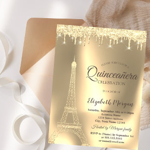 Gold Eiffel Tower,Chic Drips Quinceañera Invitation