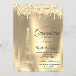 Gold Eiffel Tower,Chic Drips Quinceañera Invitation