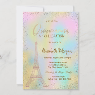 Gold Eiffel Tower Confetti Holographic Quinceañera Invitation