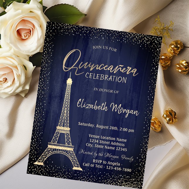 Gold Eiffel Tower Confetti Navy Blue Quinceanera Invitation (Creator Uploaded)