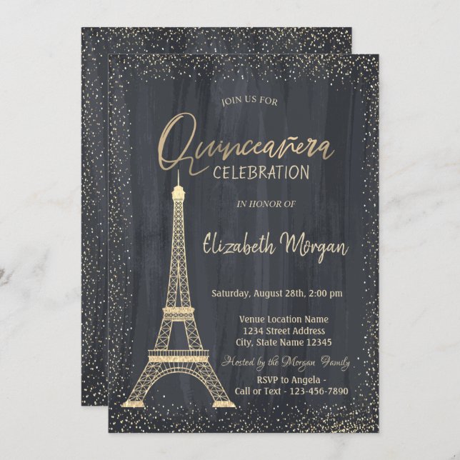 Gold Eiffel Tower Confetti Quinceanera Invitation (Front/Back)