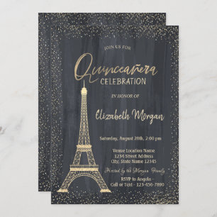 Gold Eiffel Tower Confetti Quinceanera Invitation