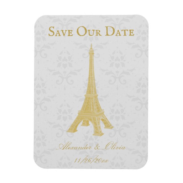 Gold Eiffel Tower Damask Save The Date Magnet (Vertical)
