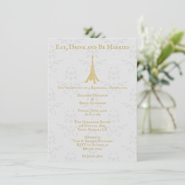 Gold Eiffel Tower Damask Wedding Rehearsal Dinner Invitation (Standing Front)