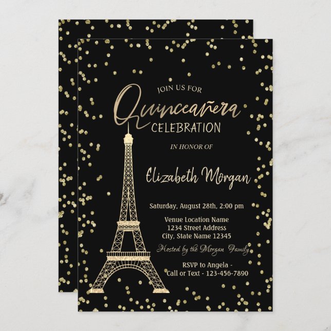 Gold Eiffel Tower Diamonds Black Quinceanera Invitation (Front/Back)