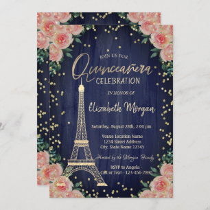 Gold Eiffel Tower Diamonds Flowers Quinceañera Invitation