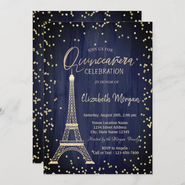 Gold Eiffel Tower Diamonds Navy Blue Quinceanera Invitation (Front/Back)