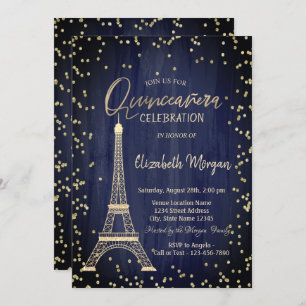 Gold Eiffel Tower Diamonds Navy Blue Quinceanera Invitation