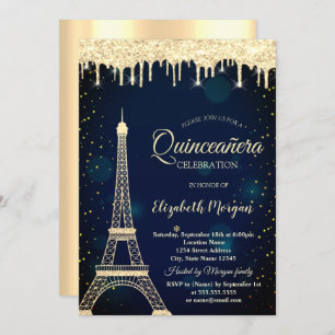Gold Eiffel Tower,Drips Navy Blue Quinceañera Invitation
