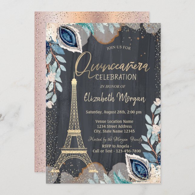 Gold Eiffel Tower,Flowers, Rose Gold Quinceanera Invitation (Front/Back)
