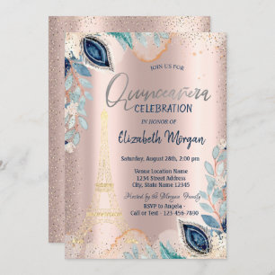 Gold Eiffel Tower,Flowers,Rose Gold Quinceañera Invitation