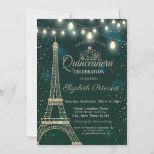 Gold Eiffel Tower Stars Green Quinceañera Invitation