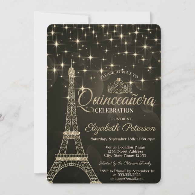Gold Eiffel Tower,Tiara,Stars Grey Quinceañera  Invitation (Front)