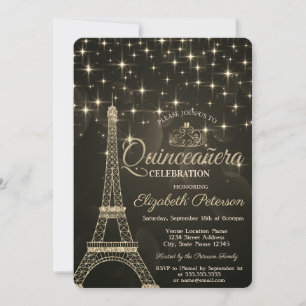 Gold Eiffel Tower,Tiara,Stars Grey Quinceañera  Invitation