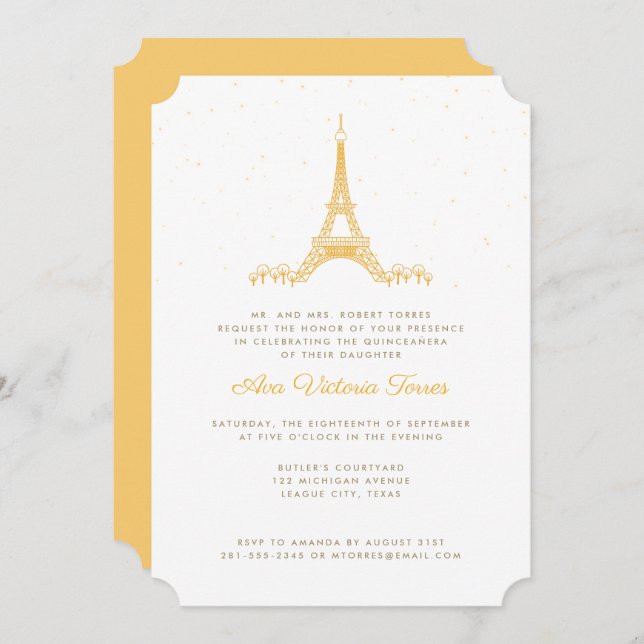 Gold Eiffel Tower Under the Stars Quinceañera Invitation (Front/Back)