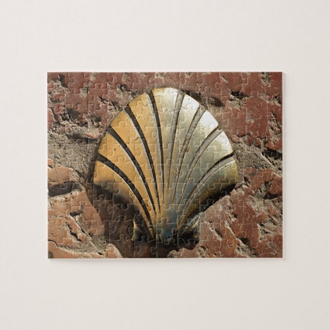 Gold El Camino shell sign, pavement, Leon, Spain Jigsaw Puzzle (Horizontal)