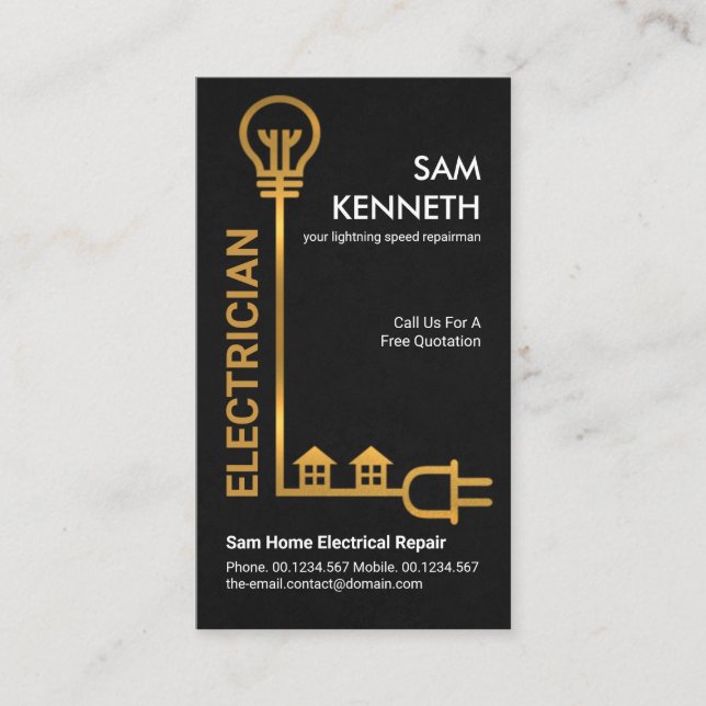 Gold Electric Cable Bulb Power Plug Electrician Business Card (Front)