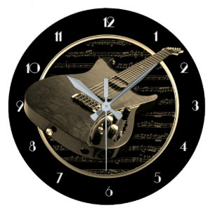 Gold Electric Guitar Round Wall Clock