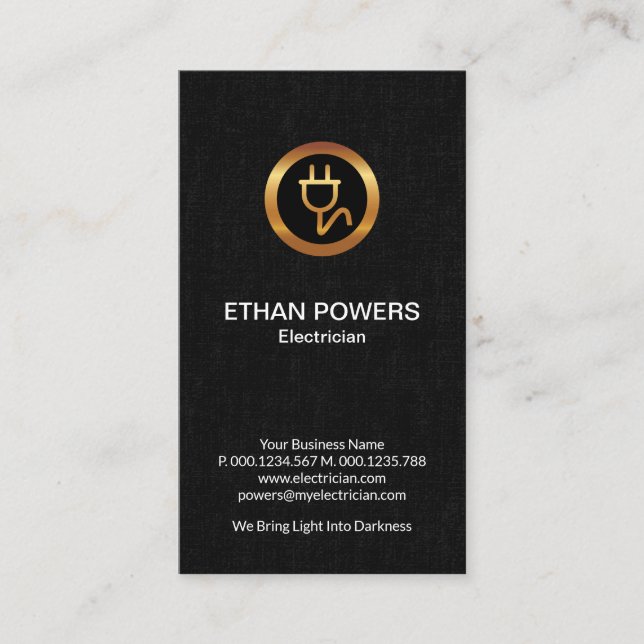 Gold Electric Power Plug Black Grunge Electrician Business Card (Front)