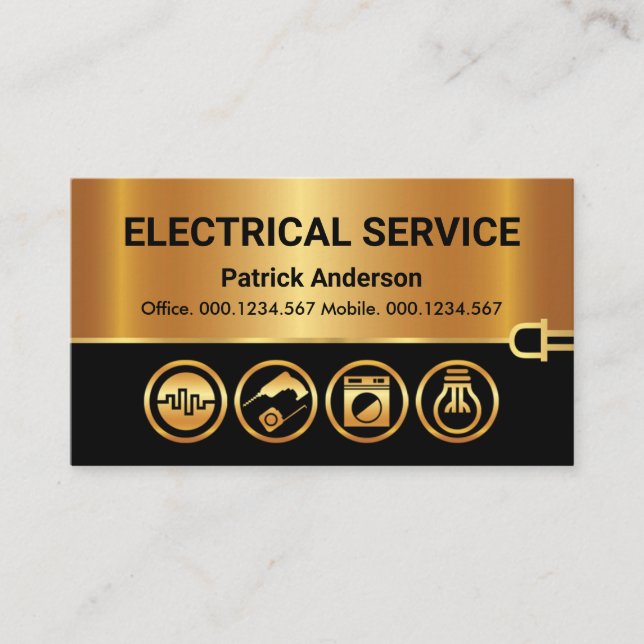 Gold Electrical Icons Power Line Business Card (Front)