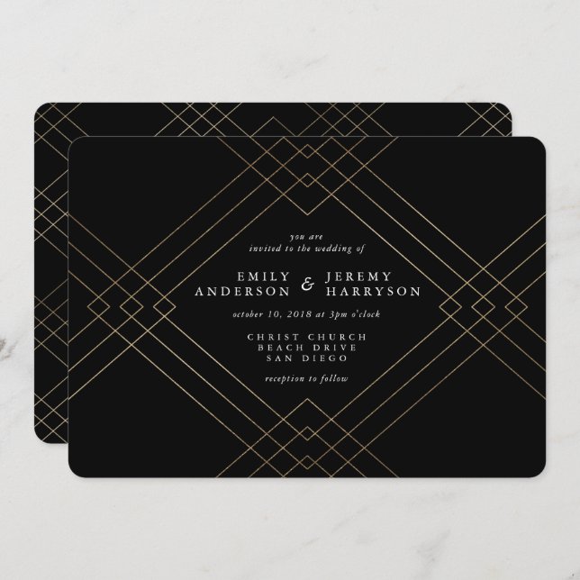 Gold Elegance Black Diamond Gatsby Wedding Invitation (Front/Back)