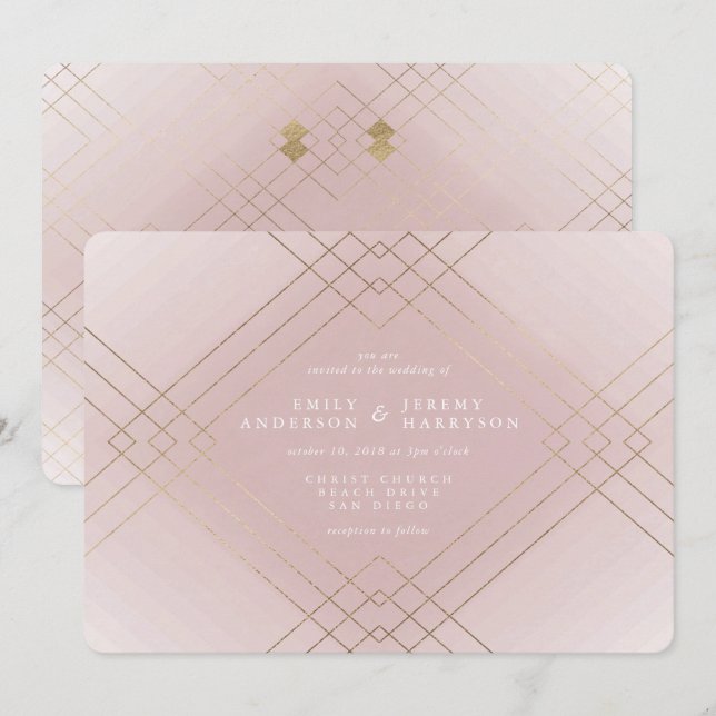 Gold Elegance Pink Diamond Gatsby Wedding Invitation (Front/Back)