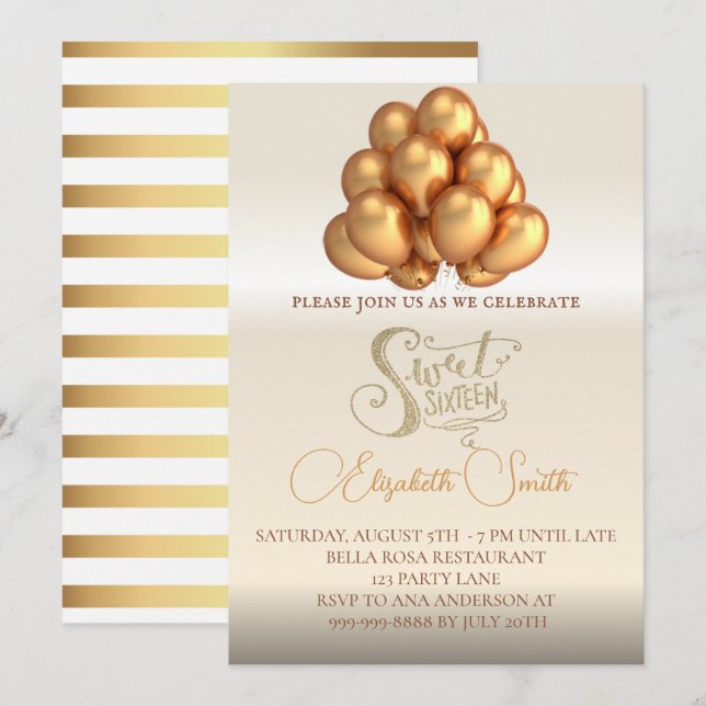  Gold elegance, sweet sixteen invitation (Front/Back)