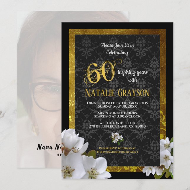 Gold Elegant 60th Birthday Party Photo Invitation (Front/Back)