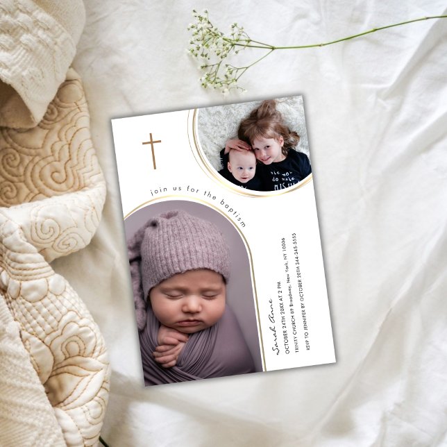 Gold Elegant Arch Cross Multi Photo Baptism Invitation (Gold Elegant Arch Cross Multi Photo Baptism Invitation)