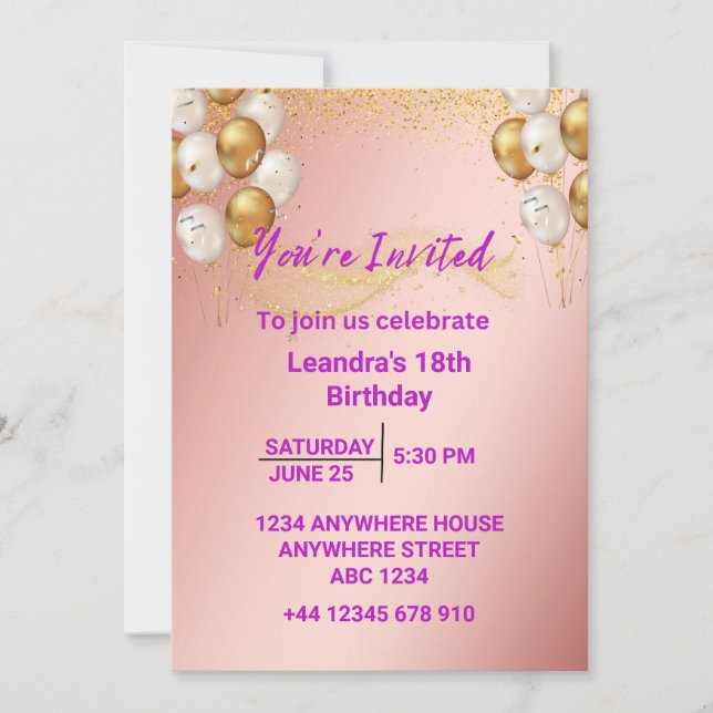 Gold Elegant Birthday Invitation (personalise) (Front)
