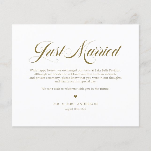 Gold Elegant Bold Calligraphy Just Married Card (Front)