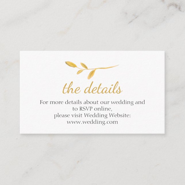 Gold elegant branch. Chic Wedding Website Details Enclosure Card (Front)