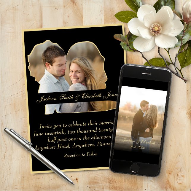 Gold Elegant Bride and Groom Shape Photo Wedding Invitation (Creator Uploaded)