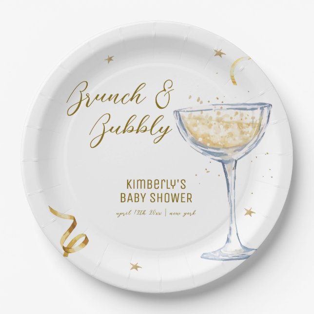Gold Elegant Brunch Bubbly Champagne Baby Shower  Paper Plate (Front)