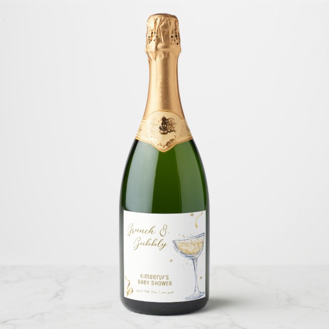 Gold Elegant Brunch Bubbly Champagne Baby Shower  Sparkling Wine Label (Front)